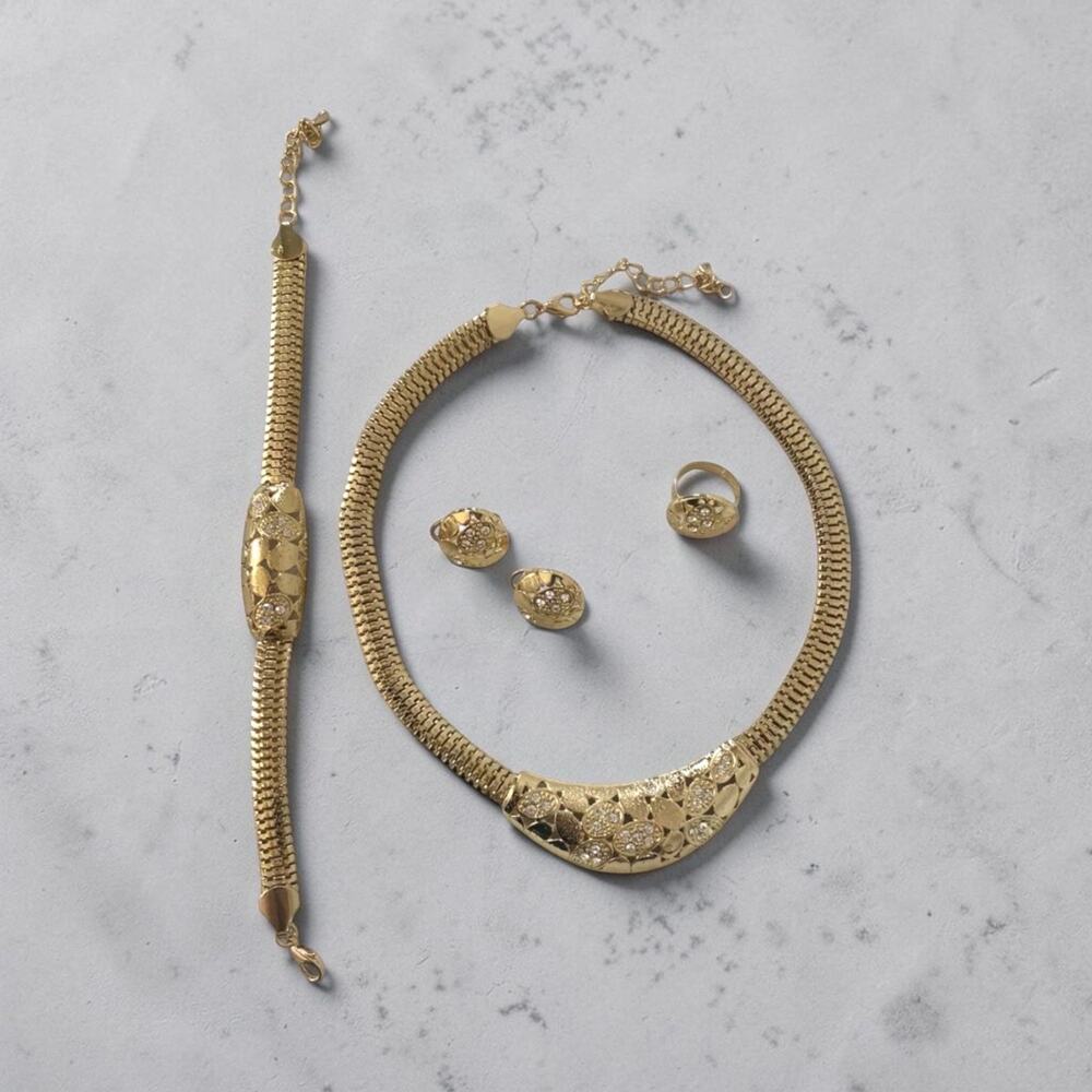 NWOT Gold Tone Necklace Bracelet Earrings Ring Rhinestone Jewelry Set